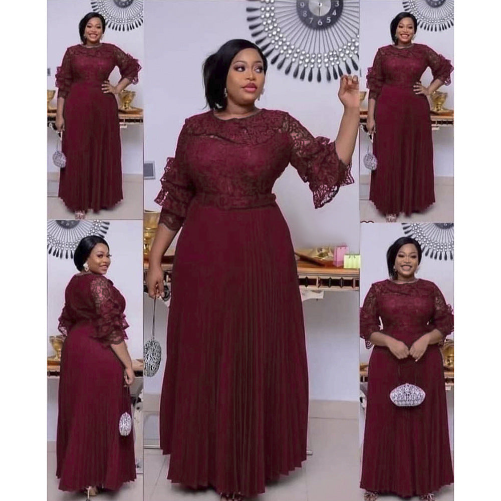 new european and american export evening gown,    lace maxi dress, african plus size pleated skirt