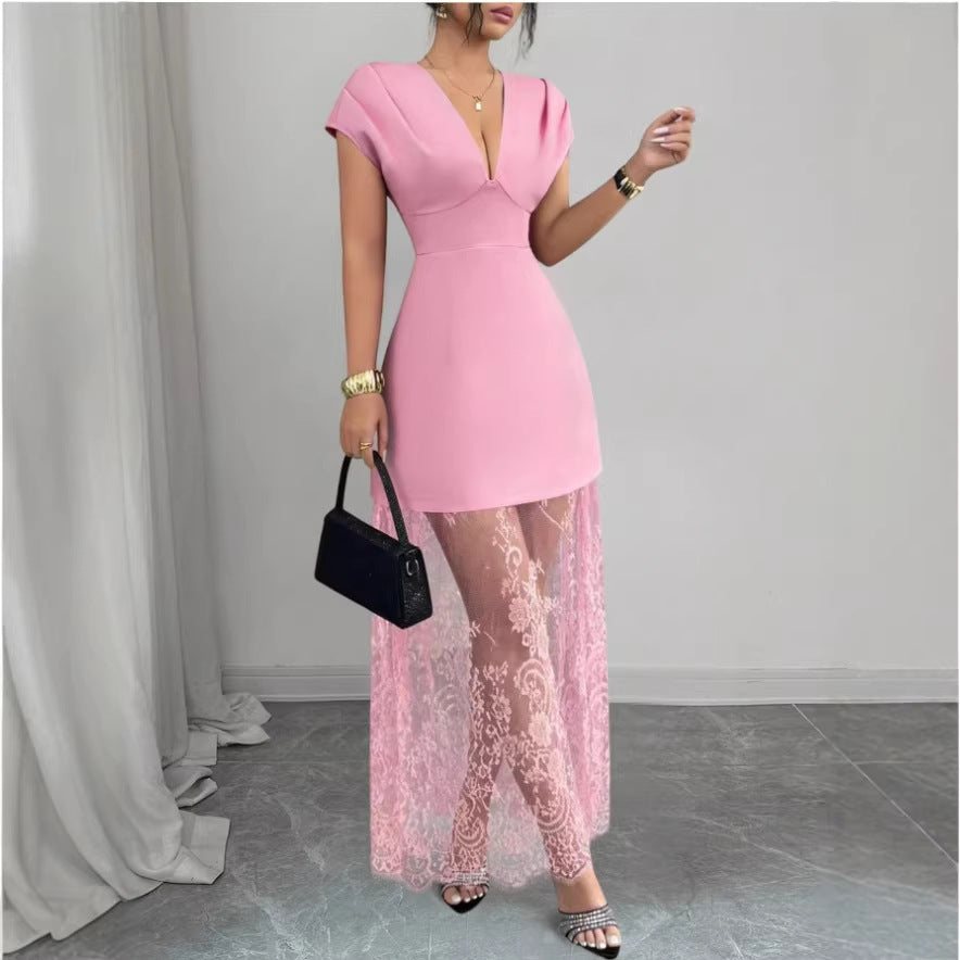 Amazon women's spring/summer new arrivals: elegant v-neck sexy urban lace patchwork short sleeve dress/gown