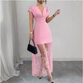 Amazon women's spring/summer new arrivals: elegant v-neck sexy urban lace patchwork short sleeve dress/gown