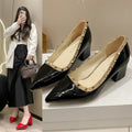 Chunky heel patent leather studded nude high heels women's 2026 new pointed toe low-cut soft sole fairy style elegant pumps