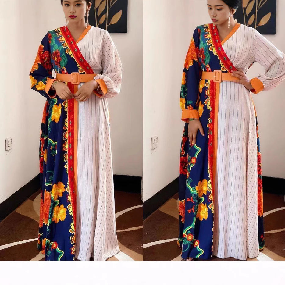 Amazon  printingv neckdress cross-border export african plus sizelong sleeves chiffon skirt with belt