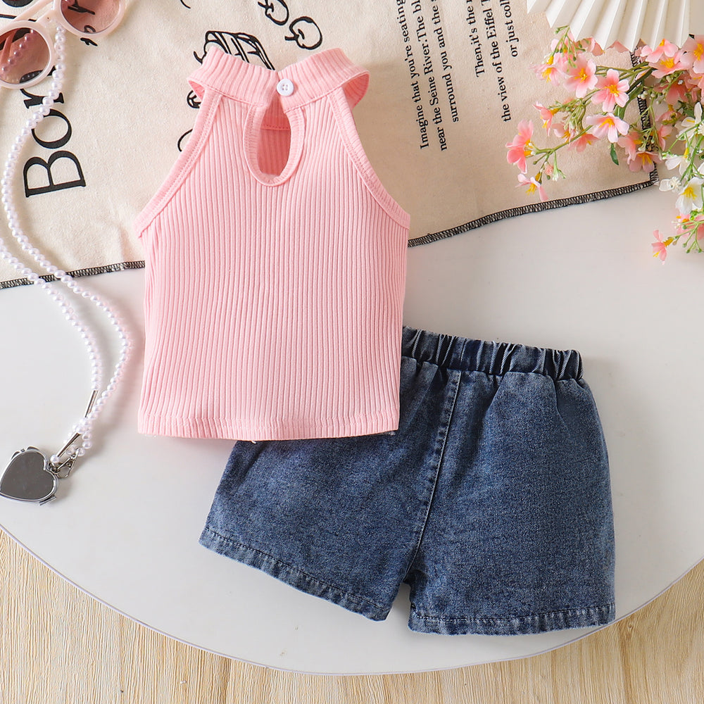 26 cross-border summer girl pink and white pit strip halter top + denim shorts sweet bow children's clothing wholesale in stock