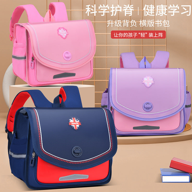 New british style horizontal elementary school backpack - grades 2-5, spine protection, weight reduction, water-resistant, minimalist design, durable