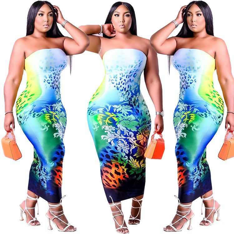 European and american foreign trade women's clothing   summer sexy nightclub bandeau colorful printed dress