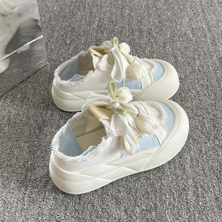 Two-way slip-on chunky sole canvas sneakers for women, 2026 new spring and autumn style, student white sneakers, bread shoes for women