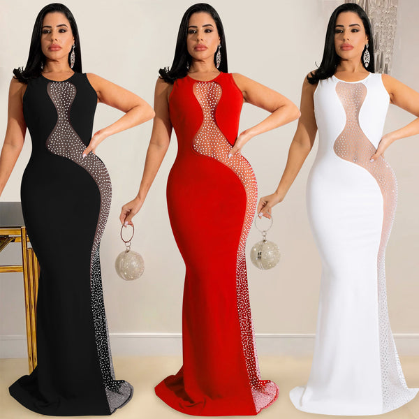 X5580   Nightclub Style Sexy Hot Diamond Mesh Perspective Sleeveless Backless Long Dress Dress Women