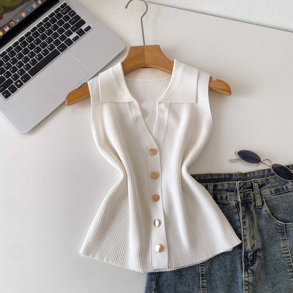 Light mature style sense of design lapel sleeveless knitting vest women's summerkorean style single breasted silm thin tops multi-color