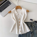 Light mature style sense of design lapel sleeveless knitting vest women's summerkorean style single breasted silm thin tops multi-color