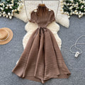 European and american style high-end short-sleeve dress for women - autumn off-the-shoulder ruffle stand collar tie-waist design - mature woman maxi dress