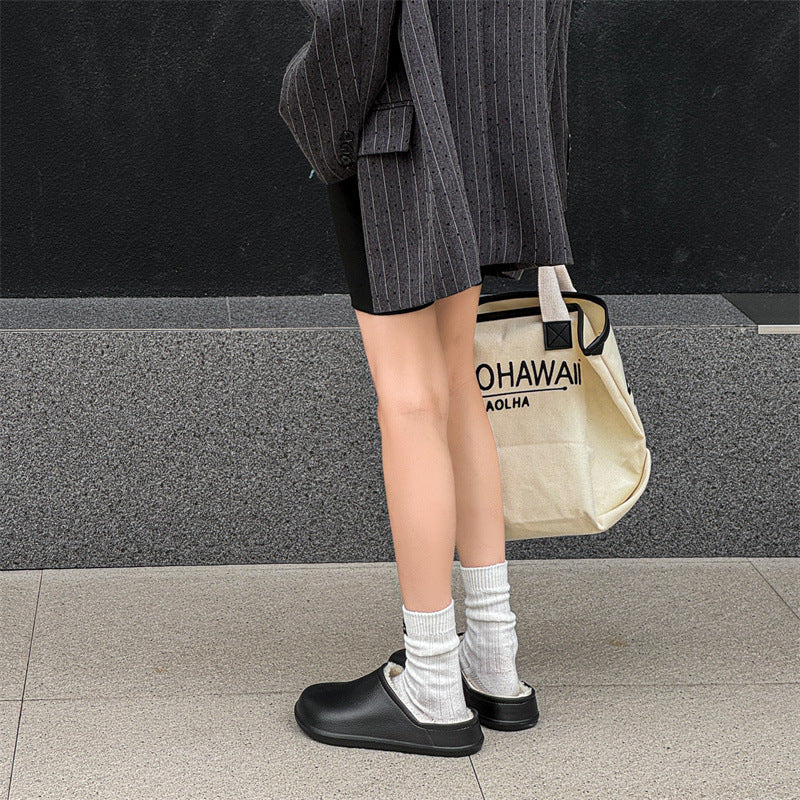 Waterproof eva fleece-lined cotton slippers for men, winter outdoor wear, couple's home indoor warm closed-toe half slippers, women's cotton slippers