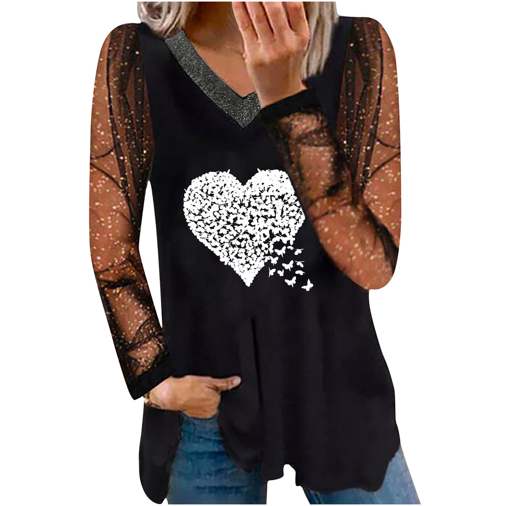 women's casual printed v-neck lace trim gold edge long sleeve t-shirt - in stock