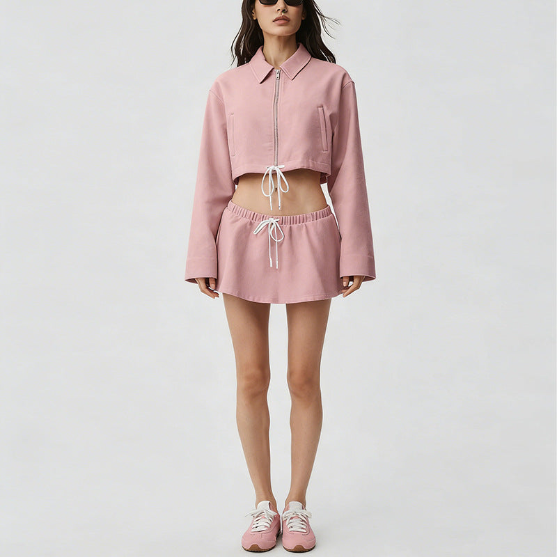 new arrival cotton mixed draped loose waist cord breathable stand collar zipper outwear short skirt casual sports suit