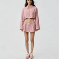 new arrival cotton mixed draped loose waist cord breathable stand collar zipper outwear short skirt casual sports suit