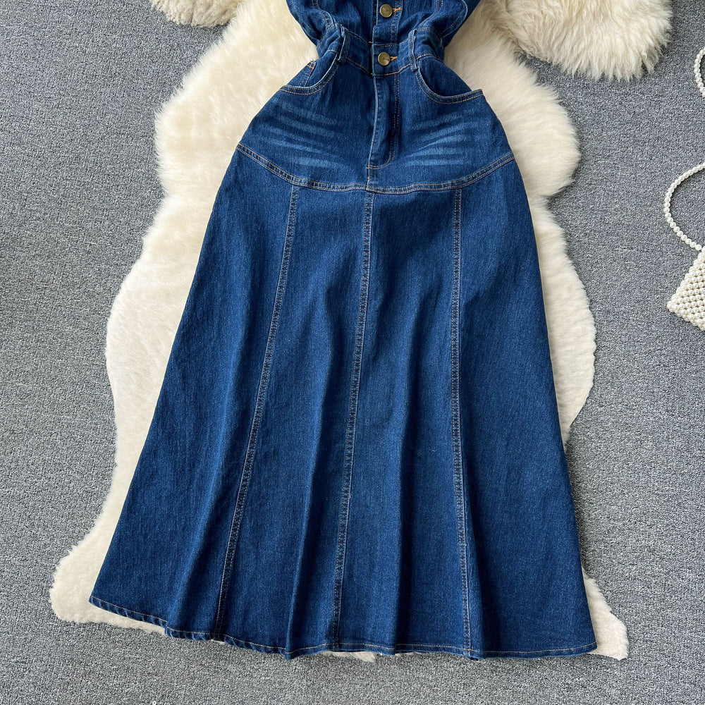 French hepburn style denim dress for women summer waist slimming lookelegantniche stylesense of design unique long skirt
