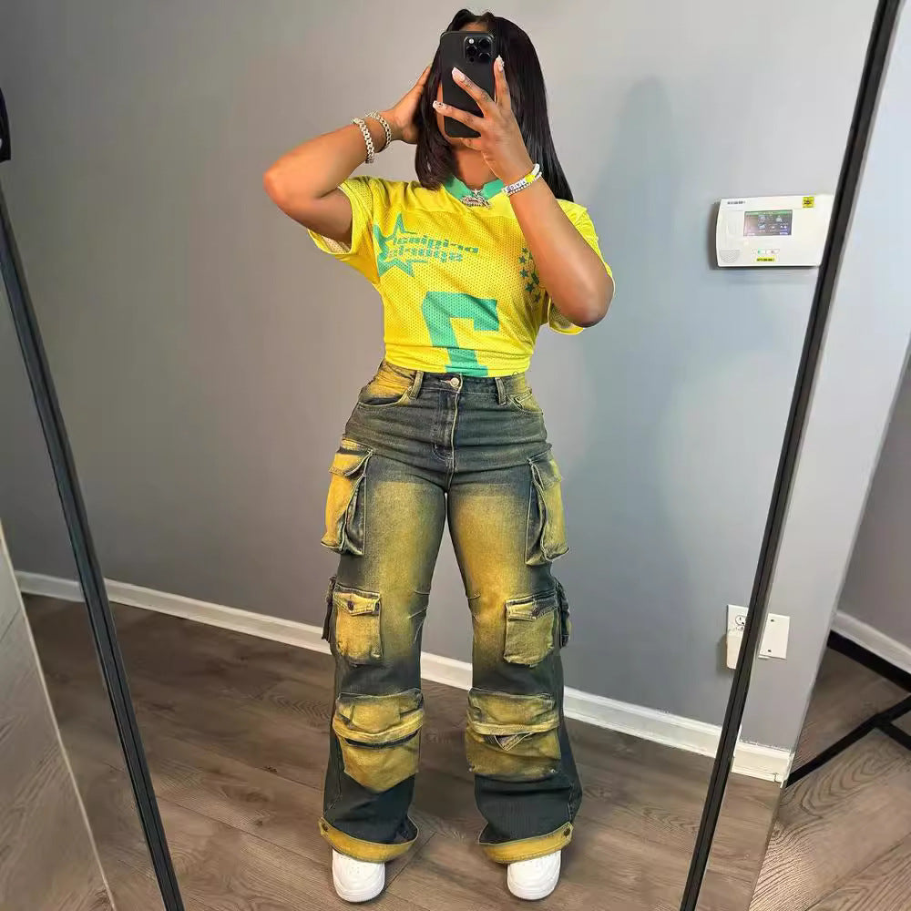 European and american style straight-leg jeans  cross-border women's clothing trendystylish multi-pocket hanging dye high waist overalls