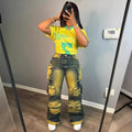 European and american style straight-leg jeans  cross-border women's clothing trendystylish multi-pocket hanging dye high waist overalls