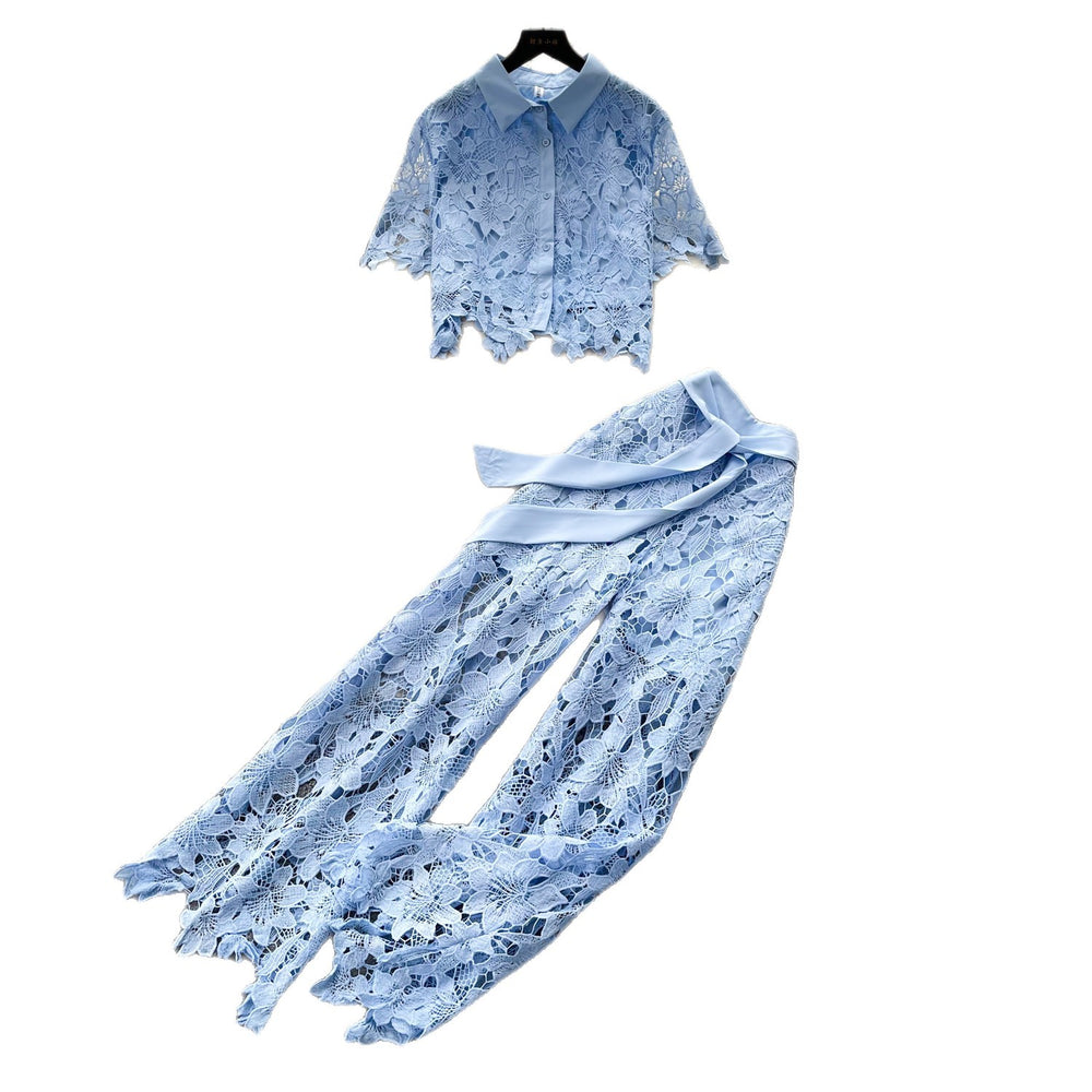 French chic, sophisticated lace cutout short sleeve top and wide-leg pant set - premium summer collection