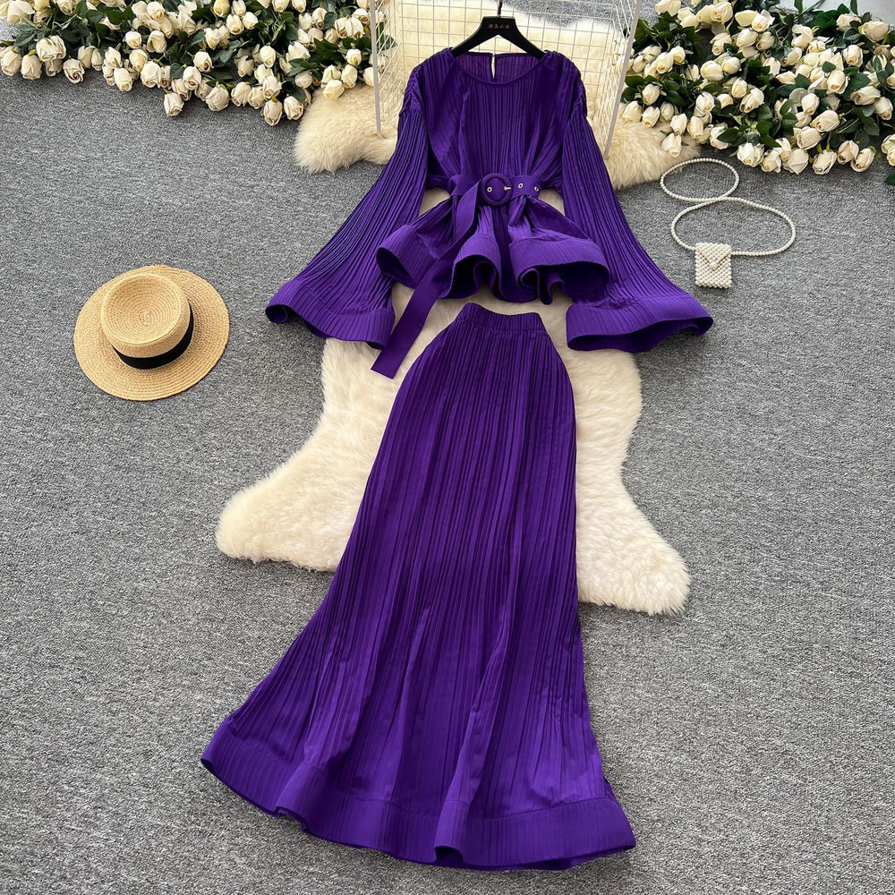 European and american chic tie-waist flared sleeve ruffle hem pleated top + high-waisted mermaid midi skirt set