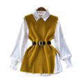 Luxury chic women's set: relaxed fit long sleeve white blouse top + slit knit vest two-piece fashion outfit