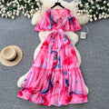 French riviera style printed short-sleeve pleated dress - women's summer v-neck, cinched waist, tie-up maxi dress - high-end, slimming fit