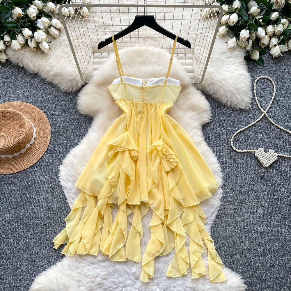 French yellow camisole dress - sweet & sultry style - women's summer irregular tiered cake dress with ruffle hem - vacation dress with a touch of luxury