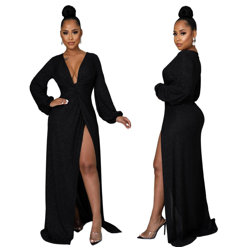 9571 European and American   solid silver thread flash deep V temperament women's dress