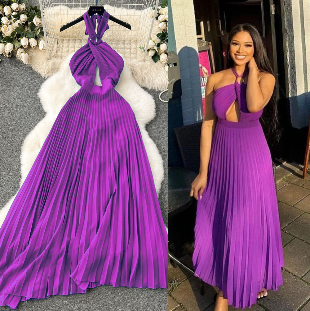 Sanya seaside vacation outfit sexy backless vest cut outhalterdress women's pleated longpleated skirt