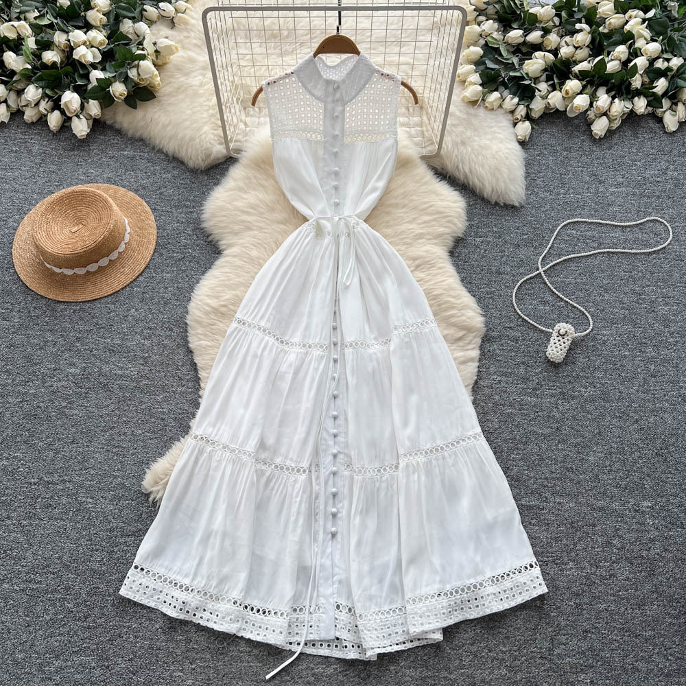 Frenchclassy sense of strap waist sleeveless cut outembroider waist dress female summerslimming lookelegant long skirt