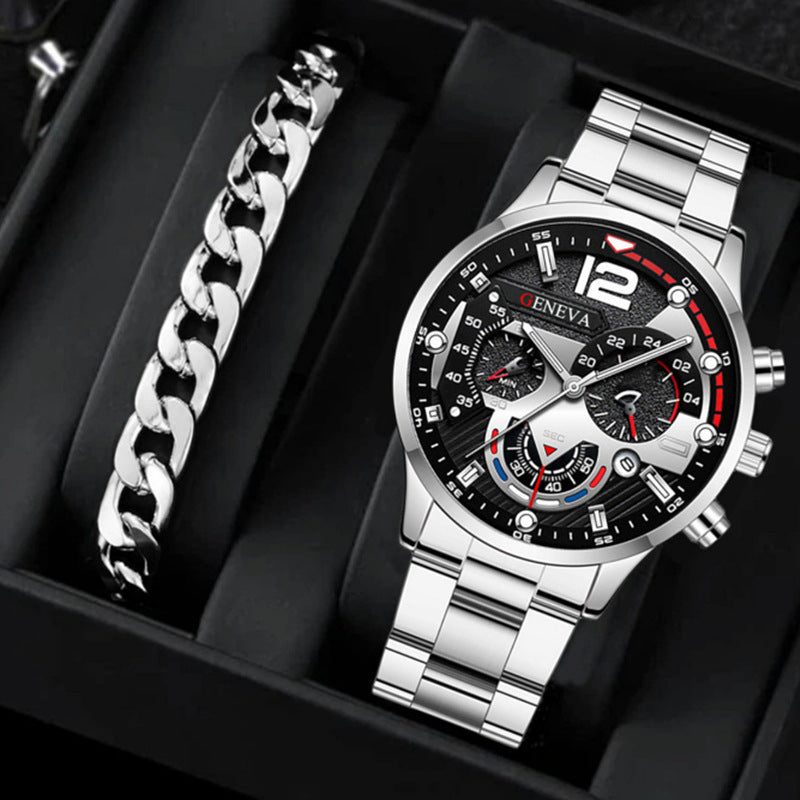 hot-selling men steel band calendar quartz watch bracelet suit quartz watch men's watch