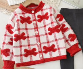 Girls' plaid knit cardigan with bow detail - new autumn/winter  collection - sweet, stylish, and versatile outerwear set