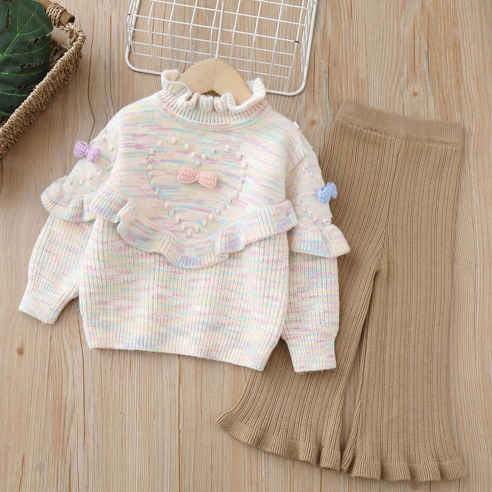 Girlsweater rainbow thread round neck fall and winternew arrival handmade flower little girl pullover sweatersuit