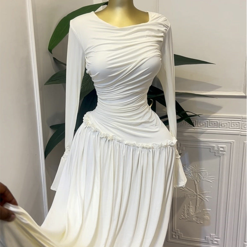 European and american cross-border women's fashion:  spring/summer new arrival - elegant ruched slim-fit flared sleeve maxi dress with ruffle trim