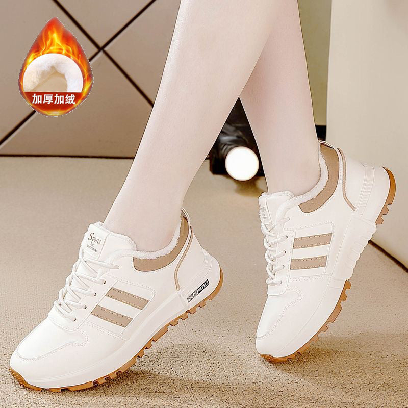 Women's athletic sneakers - cotton-lined, leather upper, fleece-lined for extra warmth - new autumn 2025 collection - chunky sole, non-slip, lightweight casual shoes - women's cotton shoes