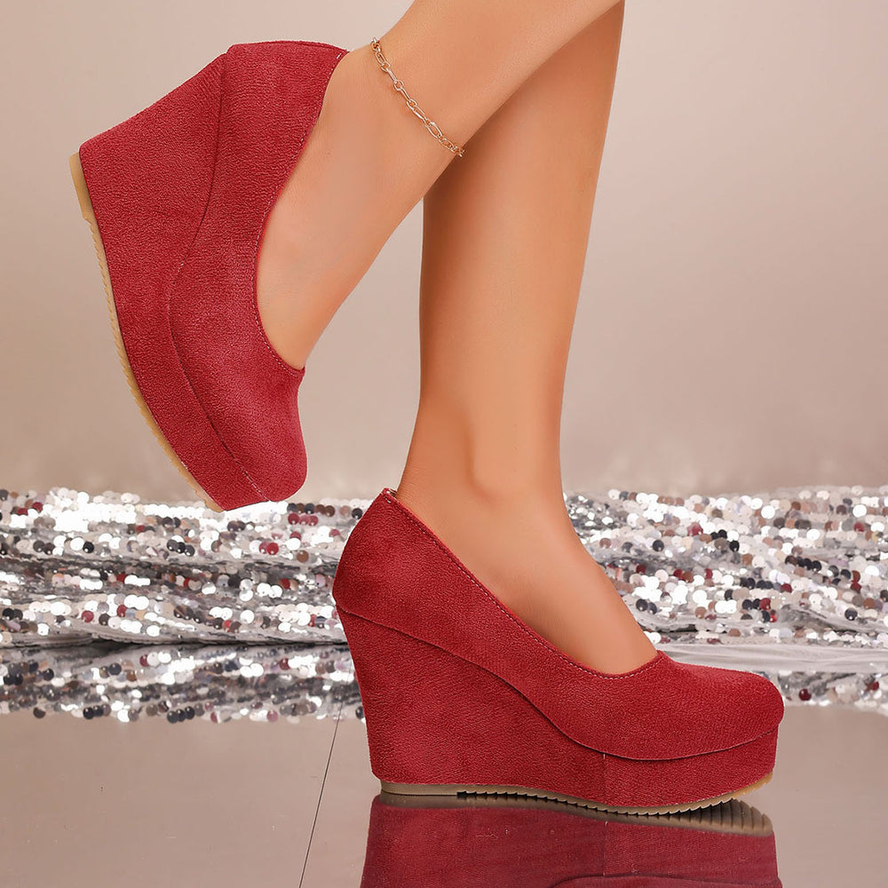 export women's  round toe suede fashion flats slip-on wedge heel platform high heel plus size women's shoes