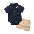 Boys' summer outfit set: new kids' short-sleeve polo shirt with striped romper and triangle bottoms
