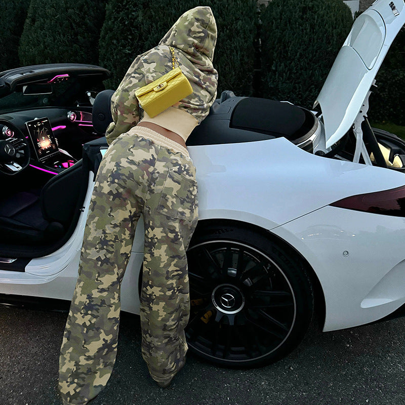 European and American casual style contrasting colors, waist hooded long-sleeved sweatshirt sweatpants two-piece set camouflage cardigan jacket trousers set