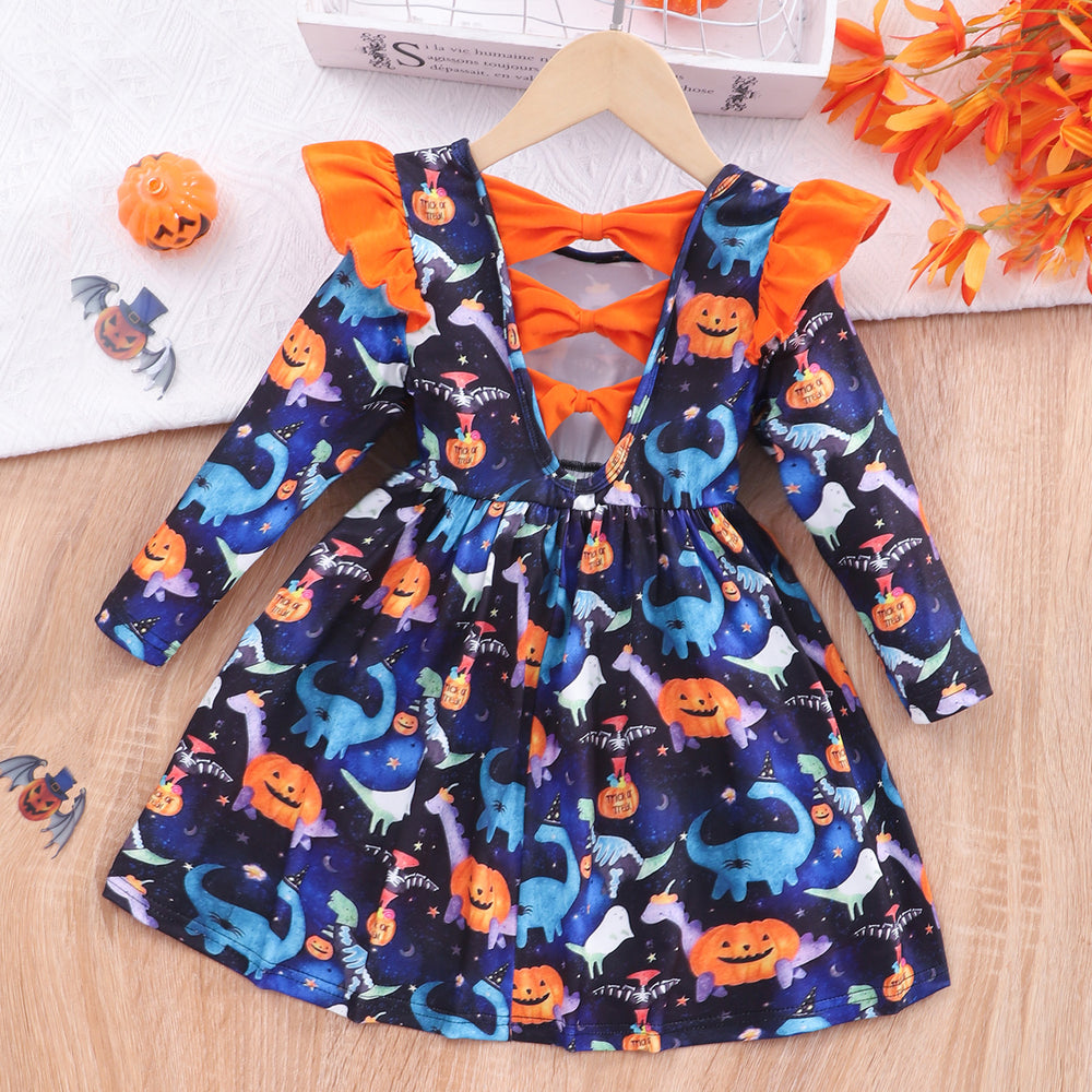 new arrivals: autumn/winter long-sleeve dress with bow and pumpkin/halloween print for toddlers and young children - dropshipping available