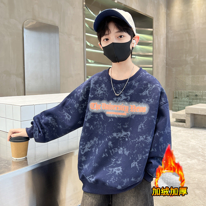Kids' boys' winter sweatshirt  new autumn/winter style, trendy fleece-lined top for older boys, stylish streetwear