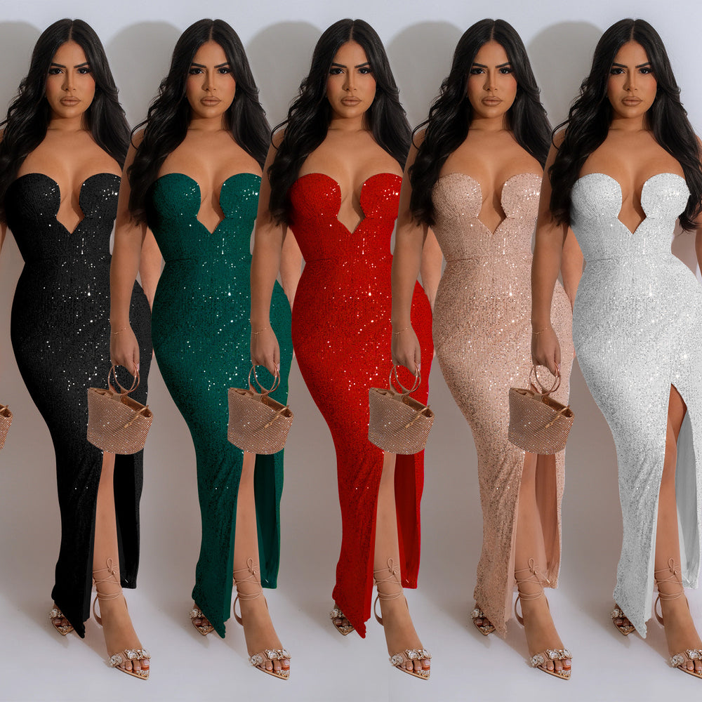 C6782 cross-border   fashion women's solid color sexy sequin backless maxi dress