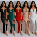 C6782 cross-border   fashion women's solid color sexy sequin backless maxi dress