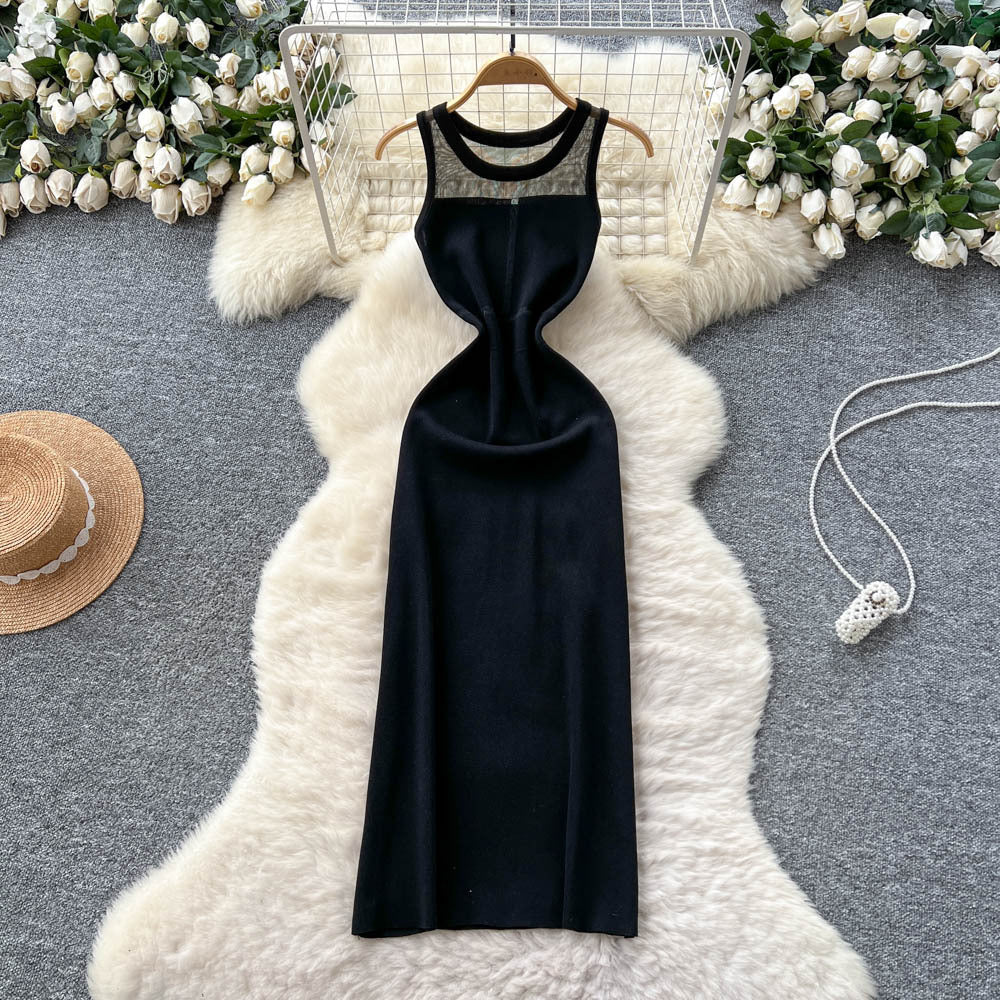Luxury chic mesh panel sleeveless knit dress -  summer slim fit bodycon dress