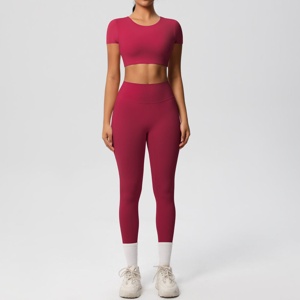Ready-to-ship cross-border double-sided nylon brushed naked feel tight-fitting activewear yoga set - running & fitness short sleeve two-piece outfit