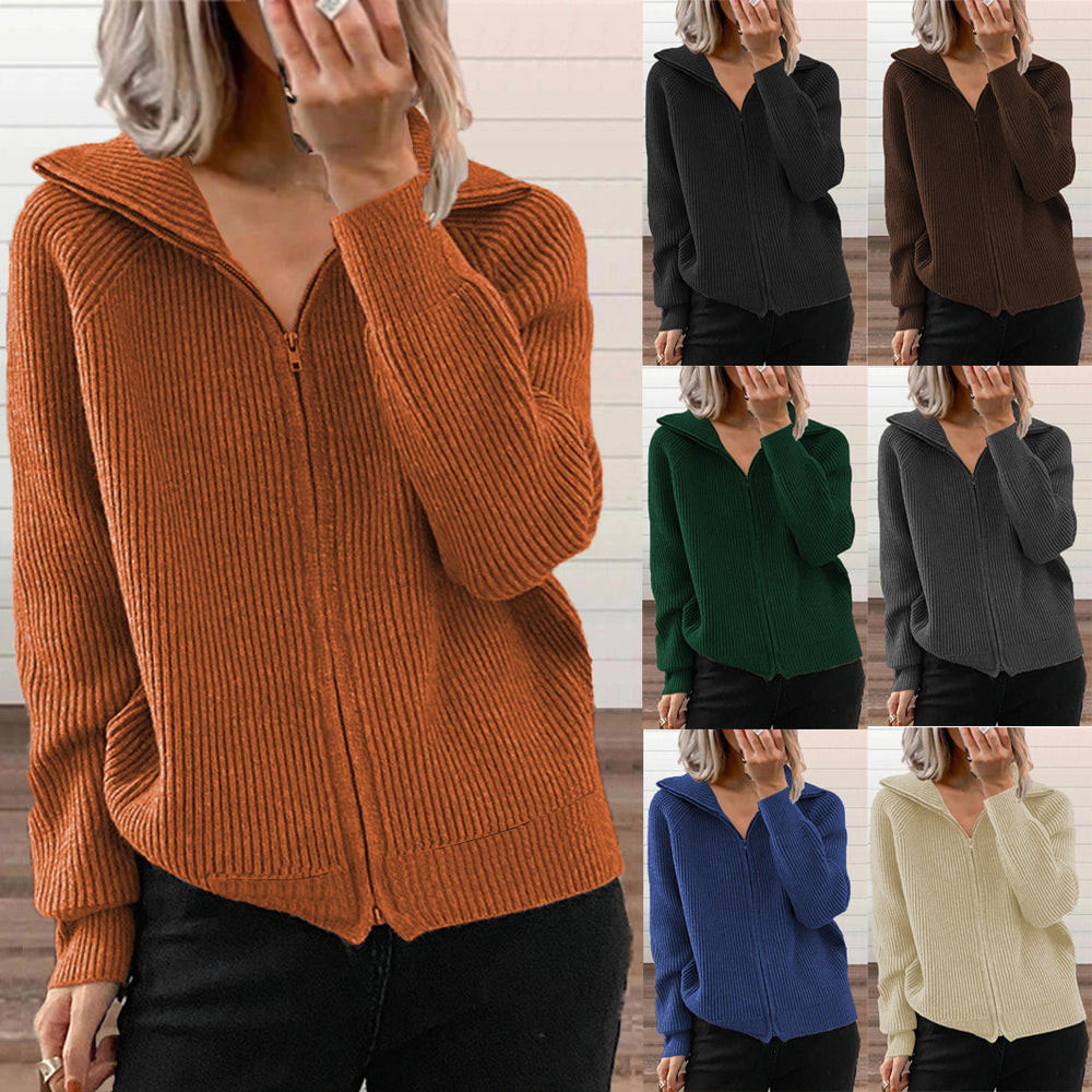 Fashion cross-border fall and winternew arrivalstripescasualoutwearlooseknitting shirt zipper cardiganlong sleeves lapel sweater women