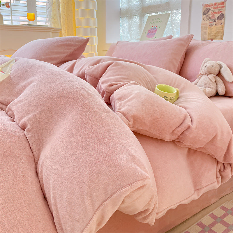Solid color milk fleece four-piece set, winter thickened coral fleece bed sheet quilt cover, Nantong flannel bed three-piece set
