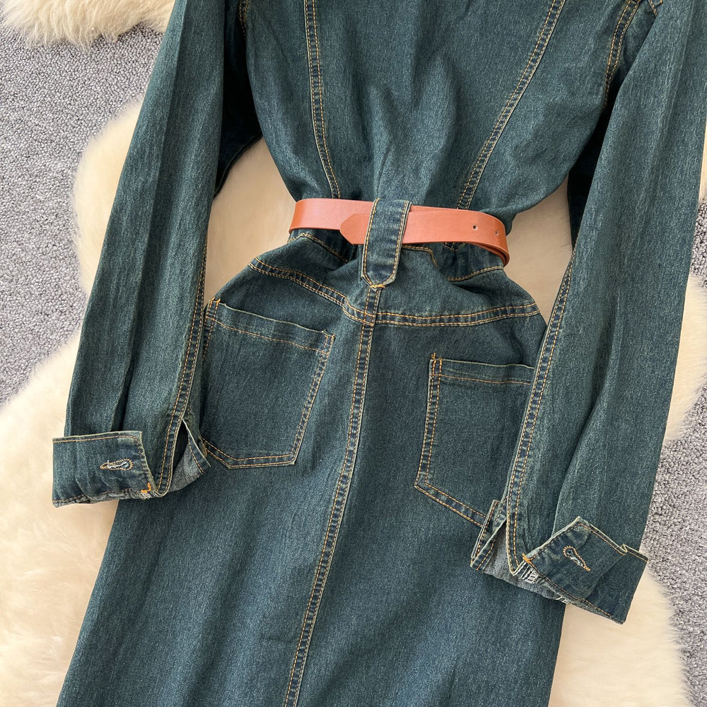 Frenchretro light mature style strappy waist lapel long sleevesdress women slimming lookelegant single-breasted denim long skirt