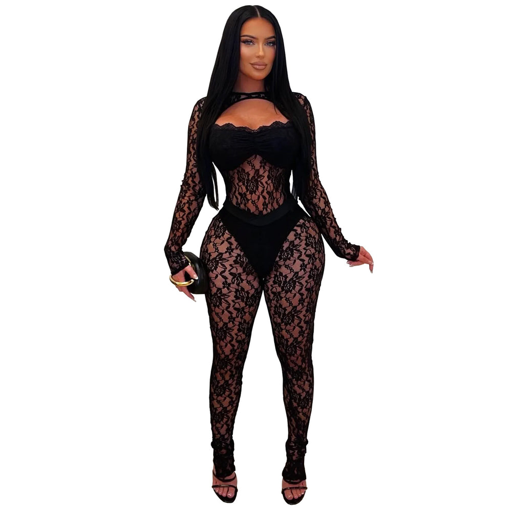 C7637 cross-border   fashion women's sexy see-through lace bodycon jumpsuit