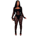 C7637 cross-border   fashion women's sexy see-through lace bodycon jumpsuit