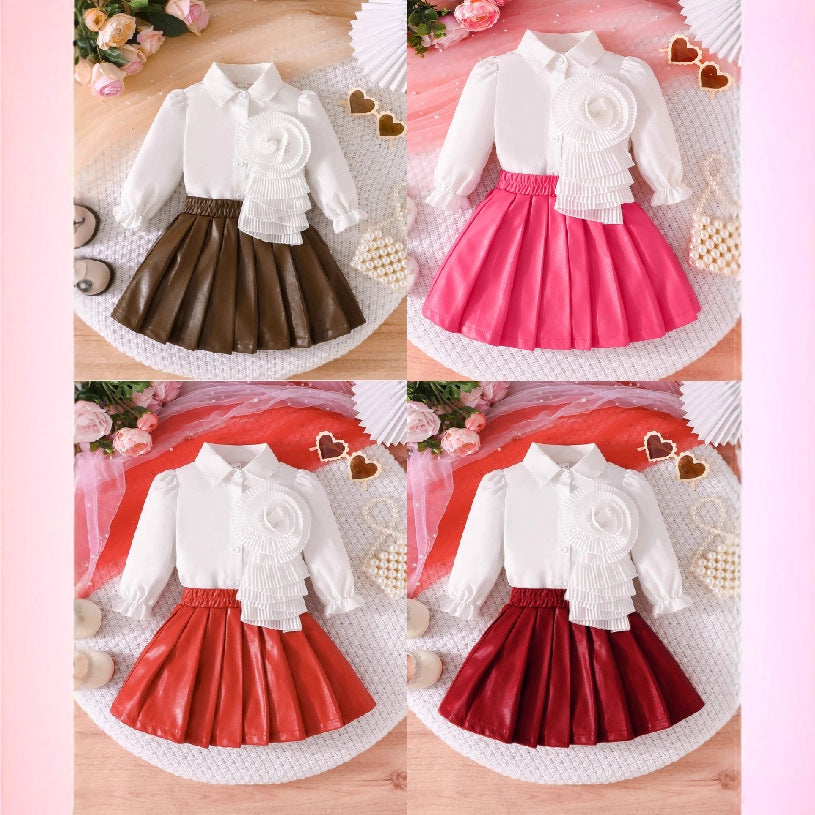 cross-border exclusive: new autumn collection - girls' long-sleeved blouse with floral design + pu leather skirt - hot-selling bestseller
