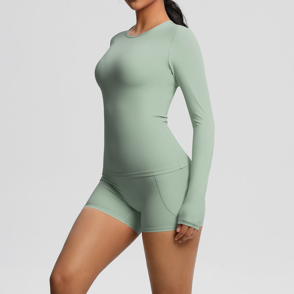 New arrival: european and american style solid color double-sided brushed nylon long-sleeve yoga set - activewear two-piece for running and fitness