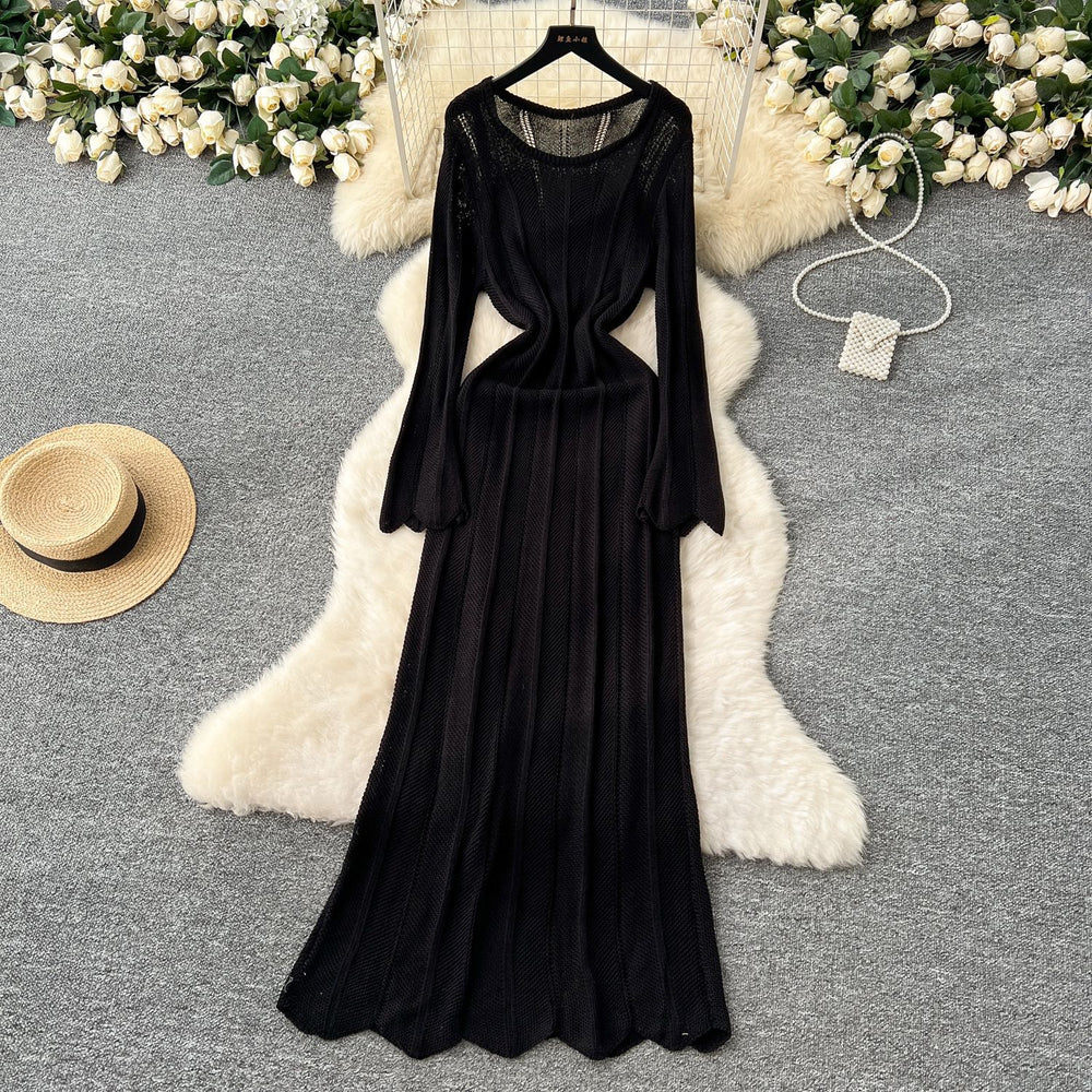 Gentle wind niche styleclassy round neck long sleevescut outknittingdress women's inner suspender skirt layered two-piece set